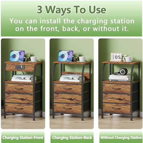 Furnulem Rustic Brown 3-Drawer Nightstand with Charging Station - Bedside Table