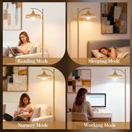 Gold Champagne Floor Lamp for Living Room & Bedroom - Dimmable Mid Century Modern Standing Lamp with Remote & Amber Glass Shade - 68" Tall Vintage Retro Design