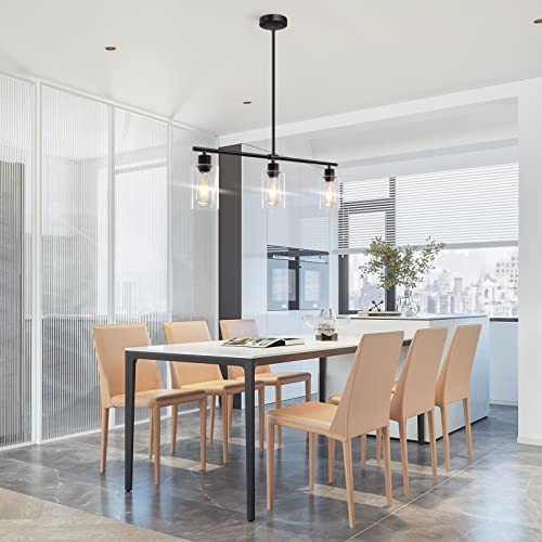 Black 3-Light Rectangular Kitchen Island Pendant Light with Glass Shades - Adjustable Height