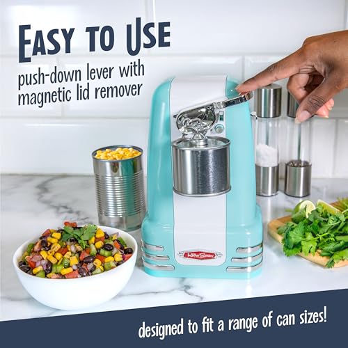Nostalgia Retro Electric Can Opener Aqua with Magnetic Lid Remover & Bottle Opener