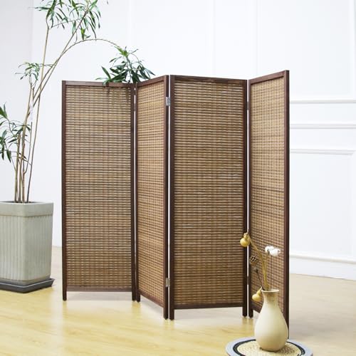 Brown 4-Panel Short Room Divider Screen - Freestanding Bamboo Partition for Small Spaces
