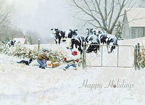 Farmhouse Christmas Cards Set of 14 - Snowy Cow & Kids Holiday Greeting Cards