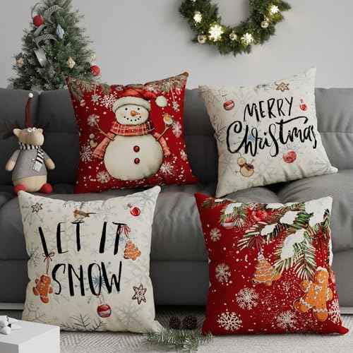 Merry Christmas Pillow Covers Snowman Trees Cookies Snowflakes Throw Pillow Cases Set of 4 Xmas Winter Decorations for Farmhouse Home Sofa Couch Cushion Cover Party Holiday Decor 18x18 Inch