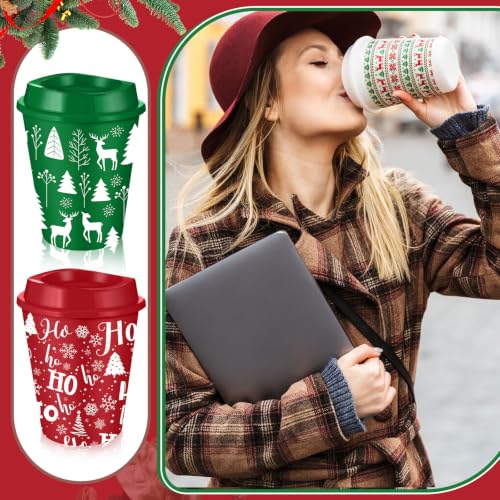 Pickmesh 24 Pack Christmas Reusable 12oz Plastic Coffee Cups with Lids