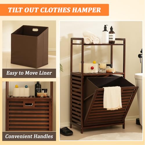 Brown 2-Tier Tilt-Out Bamboo Laundry Hamper with Storage Shelf - Foldable