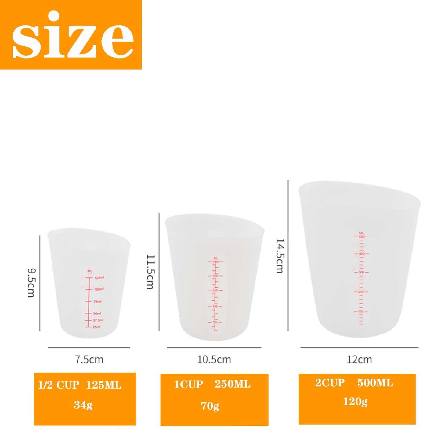 Set of 3 Silicone Flexible Measuring Cups with Marking, 2 Cup&1 Cup&1/2 Cup,Squeeze and Pour Silicone Measuring Cup with Marking For epoxy resin, butter, chocolate, etc.
