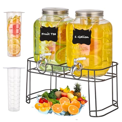 2 Gallon Glass Drink Dispenser Set with Stand & Fruit Infuser - Leakproof Spigot