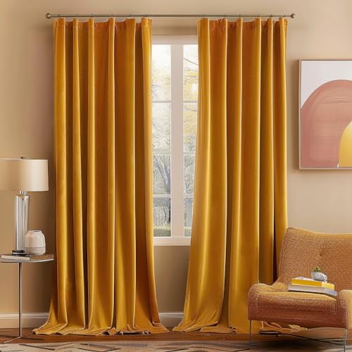 MIULEE Mustard Yellow Velvet Blackout Curtains 52x84 Inches, Set of 2, Back Tab & Rod Pocket