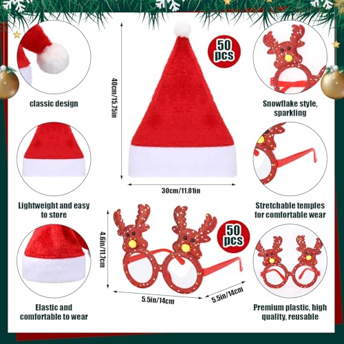 Toulite 100 Pcs Christmas Party Favors Set with Santa Hats & Festive Glasses, Classic Styles