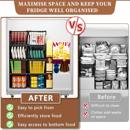 Black 4 Pack Freezer Organizer Bins - Leak-Proof, Stackable, Heavy-Duty