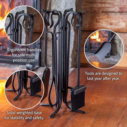 5-Piece Hand Forged Iron Fireplace Tool Set - Compact Wrought Iron Stand & Accessories