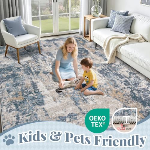 Aoyaomi 8x10 Blue Brown Abstract Washable Rug - Non-Slip Soft Indoor Carpet for Living Room & Bedroom - Variation: Blue Brown / 8' x 10'