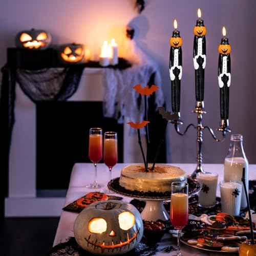 Halloween Flameless Taper Candles, Black and Pumpkin LED Flameless Candlesticks with 6H Timer, 2 Pack Halloween Pumpkin Candelabra with 3D Flame for Fall Home Decor(0.78¡± x 11.6¡±)