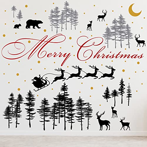 Kisston 3 Sheets Christmas Nursery Wall Decal Forest Deers Wall Stickers Woodland Nursery Decor Vinyl Bear Wall Stickers for Living Room Pine Tree Wall Decor with Stars for Room Bedroom