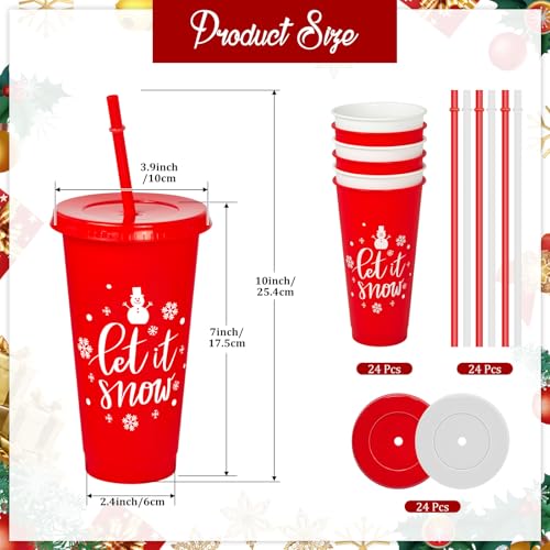 Cinrobiye Red 24 oz Christmas Plastic Cups with Lids & Straws - Holiday Party Supplies