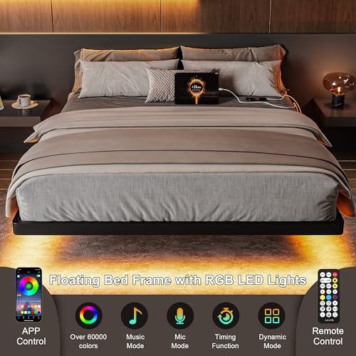 Feonase Full Size Floating Bed Frame with Charging Station and Led