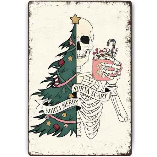 Znzd Funny Christmas Skull Decor,Sorta Merry, Sorta Scary Skeleton Tin Signs for Man Cave Bar Bathroom Christmas Skeleton Wall Decor 8x12 Inch