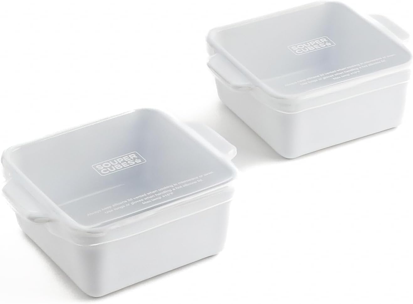 Souper Cubes Stoneware | Premium 5" x 5" Mini Baking Dishes with Silicone Covers - Set of 2, White