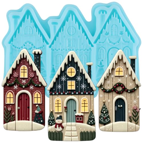 Christmas Snow House Silicone Mold – Candy/Fondant Mold with Blue Snow Cabin (Style O)