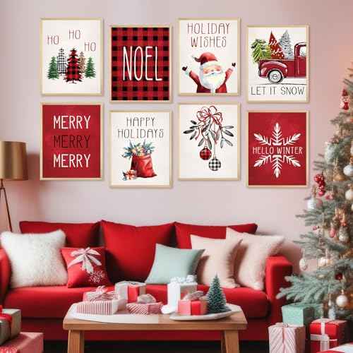 Justforjoyful 12Pcs Christmas Wall Art Prints Classic Merry Christmas Posters for Wall Decoration Xmas Holiday Wall Art Posters Red Winter Room Decor for Living Room Bedroom Office 8X10inch Unframed