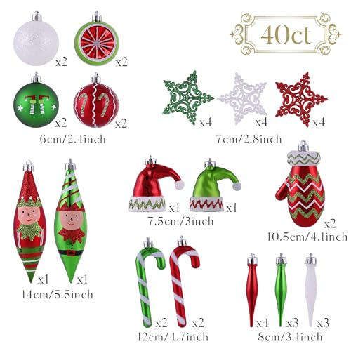 Valery Madelyn Elf Red Green Christmas Ball Ornaments Set - 40pcs Holiday Tree Decorations