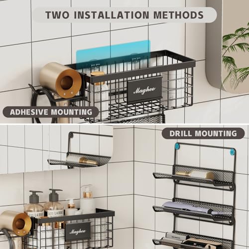 Magheo Black Wall Mount Hair Dryer Holder with 5-Tier Storage Shelf & Hooks – Bathroom Organizer