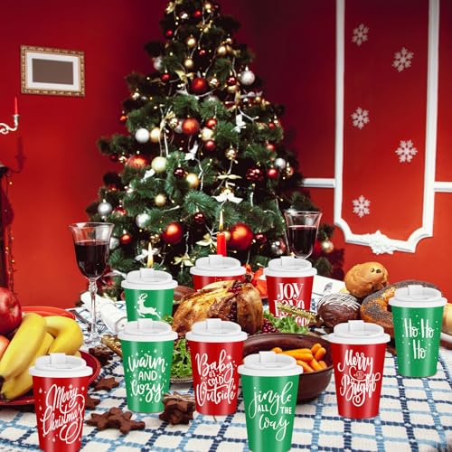 Red & Green Christmas Reusable Cup Set 40 Pcs 12 oz with Thick Lids