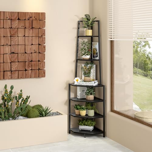 VECELO 6-Tier Corner Shelf Black 69 Inch Industrial Bookshelf for Small Spaces