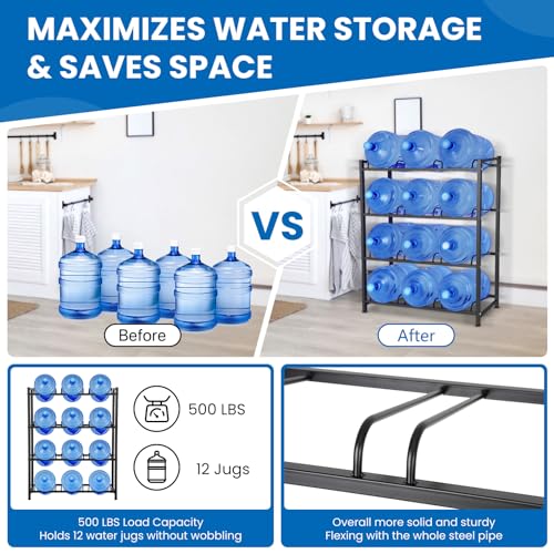 Jolybebe 12-Slot Black Water Bottle Storage Rack for 3-5 Gallon Jugs, Heavy Duty 4-Tier Organizer