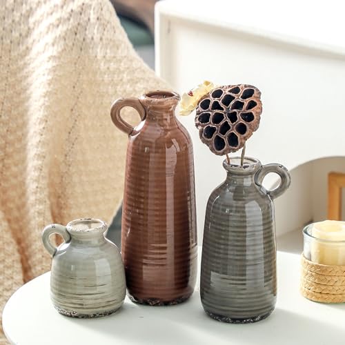 Ooit Brown Ceramic Vase Set of 3 Rustic Farmhouse Home Decor with Handles