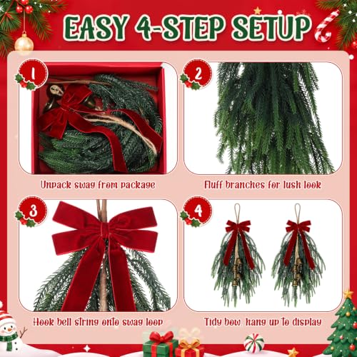 Cindeer 6-Pack 20-Inch Christmas Teardrop Swags Indoor Outdoor Decor Burgundy & Green