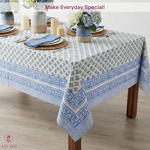 ATOSII Gulbahar Blue 100% Cotton Fall Rectangle Tablecloth 60x108 Inches, Hand Block Print, Washable, Perfect for Holidays & Events