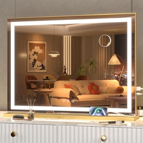 Gold 32x22 Inch LED Lighted Vanity Mirror with Dimmable Touch Control