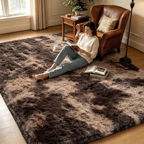 Mottled Brown 8x10 Area Rugs for Living Room, Fluffy Shag Rug Large