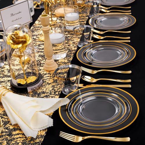 WELLIFE Clear Plates with Gold Trim 600-Piece Party Dinnerware Set - Service for 100, Includes Plates and Silverware, Variation: Clear Gold/600