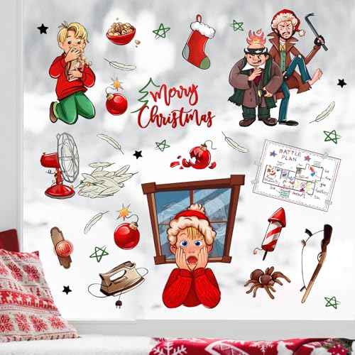 Yovkky Merry Christmas Home Alone Window Clings 9 Sheets, Xmas Kevin Battle Plan Thief 2026 New Year Stickers Decals Decor, Stocking Fan Iron Winter Holiday Home Kitchen Decorations