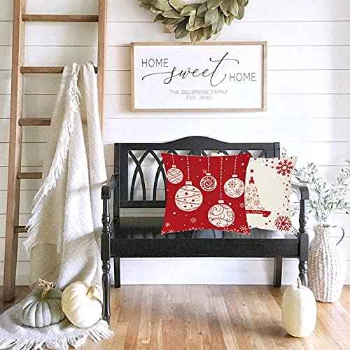 Hlonon Christmas Throw Pillow Covers Set of 4 Winter Decorative Rustic Pillowcase for Holiday Decorations Christmas Home Sofa Couch Decor, Red & Cream White (20 x 20 Inches)