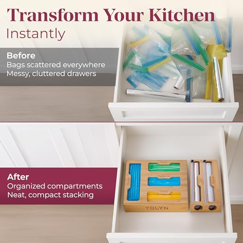 Natural Bamboo Food Storage Bag Organizer with Dispenser & Detachable Design