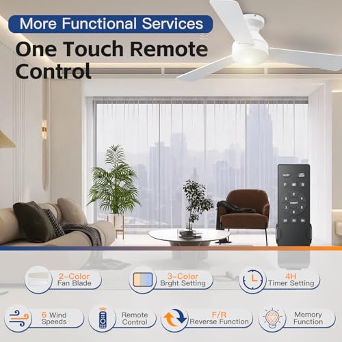 42 Inch Flush Mount Ceiling Fan with Lights and Remote - White, 3CCT, 6 Speed