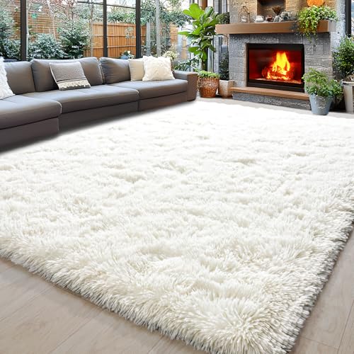 Cream White 8x10 Shaggy Area Rug - Soft Fuzzy Living Room Carpet