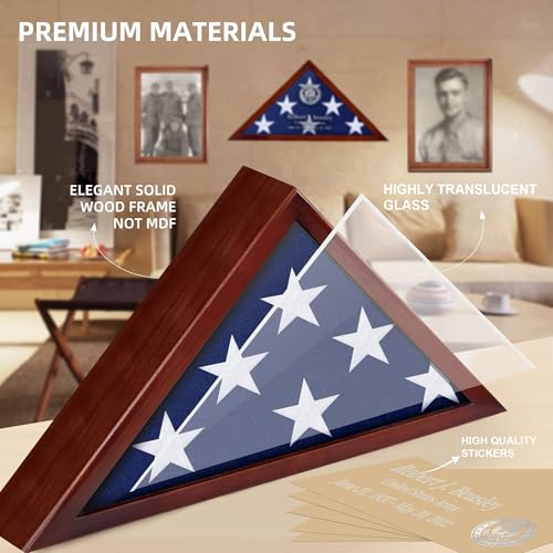 Personalized Burial Flag Display Case - Red Mahogany Wood with Custom Name & Date