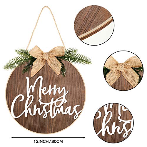 Jetec Merry Christmas Wood Sign Round Front Door Hanging Decor Brown with White Bow