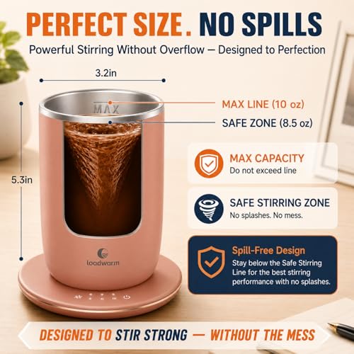 Self Heated Stirring Coffee Mug - 10oz Rose Auto Mixing Cup with Warmer - Dusty Rose Variation