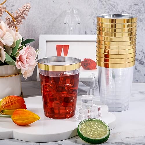 DaYammi Gold Rimmed Plastic Cups 10 Oz - 200 Pack Disposable Party Drinkware, Wedding & Event Use