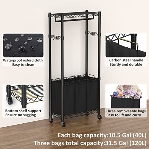 Hodonas Rolling Laundry Basket with Wheels & Hanging Bar - Black