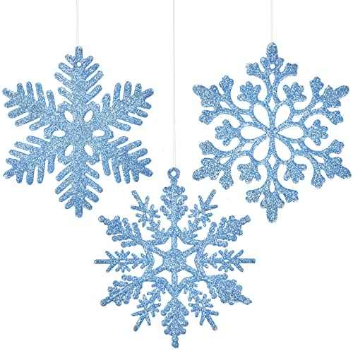 36 Pcs Blue Glitter Christmas Snowflake Ornaments, 4 Inch Plastic Hanging Decorating Snow Flakes Xmas Tree Snowflake Decorations for Christmas Decors (3 Styles)