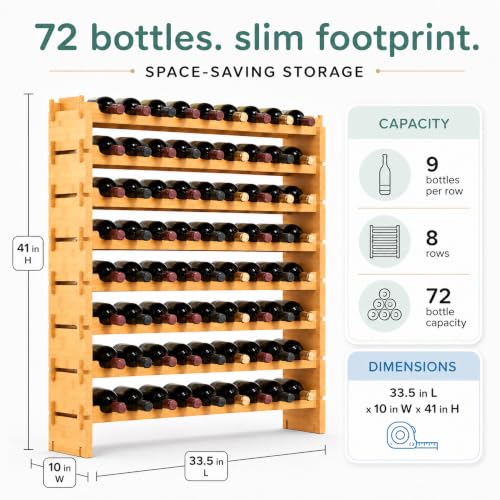 NutriChef 72 Bottle Wine Rack Stackable Bamboo Freestanding, 8-Tier