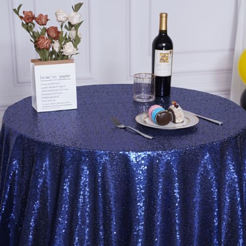 Round Navy Blue Sequin Tablecloth 120-Inch for Parties & Events