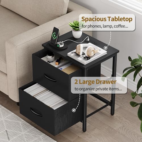 Vagusicc 2-Pack Black Nightstands with Charging Station, USB & Power Outlets