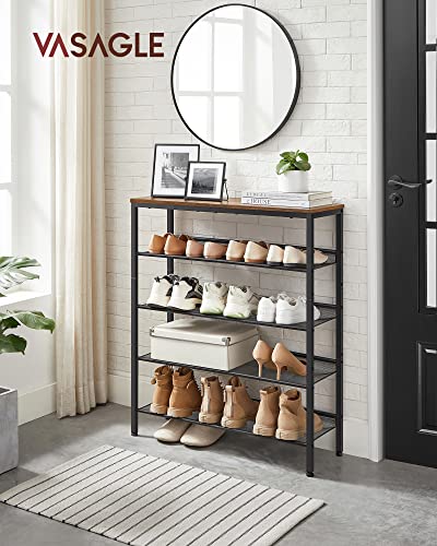 VASAGLE 5-Tier Adjustable Shoe Rack Rustic Brown & Ink Black - Freestanding Entryway Organizer